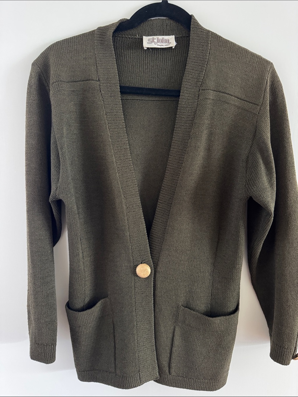 Vintage St. John Olive Green V‑Neck Knit Cardigan with Gold-Tone Button
